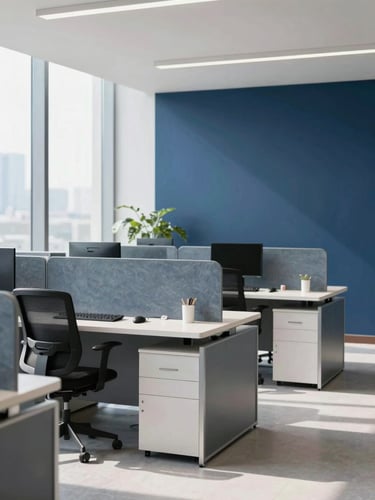 Crisp corporate photography of a modern, clean IT support center in New Delhi, bright natural daylight, slate and navy tones