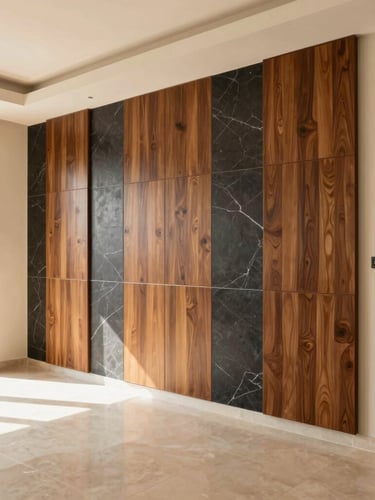 Architectural interior photography of a modern Saudi living room, bright natural daylight, warm sand and charcoal tones, sharp details, plaster walls, luxury custom wooden panels, 35mm