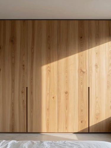 Architectural photography of a luxurious minimalist bedroom with custom oak wood wall paneling and integrated wardrobe, warm golden hour sunlight, sharp detail, 35mm