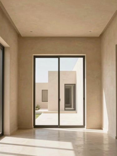 Straight-on architectural photograph of a modern Saudi villa interior, bright natural daylight flooding through large windows, highlighting clean plaster walls and sharp geometric lines, warm sand and charcoal tones, 35mm.