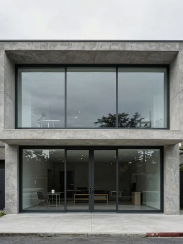 Straight-on architectural elevation of a concrete and glass minimalist house, soft overcast daylight, desaturated cool tones, 35mm lens, sharp focus