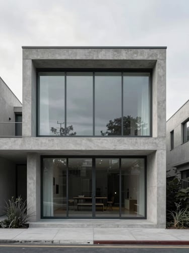 Straight-on architectural elevation of a concrete and glass modernist house, soft overcast daylight, desaturated cool tones, sharp focus, 35mm lens.