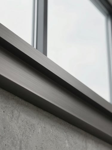 Close-up of premium architectural materials, raw concrete meeting dark brushed metal and glass, soft overcast natural light, desaturated tones, architectural detail.