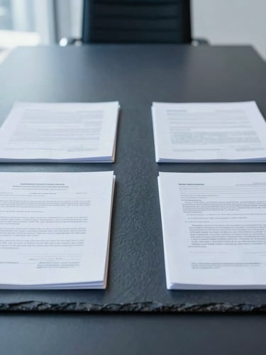 Symmetrical close-up of high-quality legal documents on a dark slate boardroom table, cool daylight, sharp focus on structured corporate papers