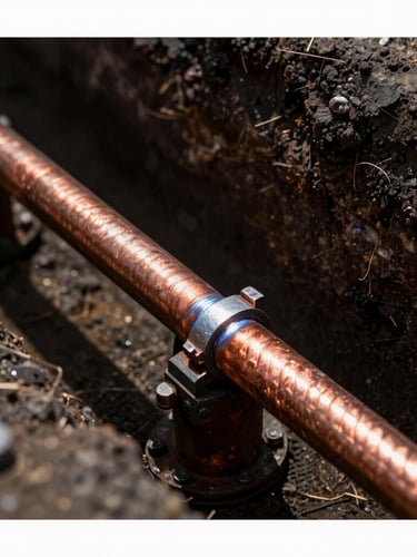 Macro photograph of a heavy copper grounding conductor being exothermically welded in a deep trench, high-contrast overcast daylight, sharp focus, technical blueprint aesthetic.