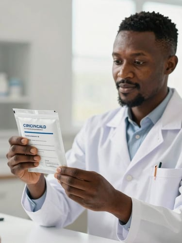 A professional Ghanaian pharmacist in a clean, well-lit clinical setting, holding certified medical packaging, bright natural daylight, soft and reassuring, shallow depth of field