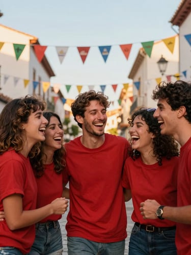 A group of cheerful friends in matching red t-shirts laughing and hugging in a sunny Spanish street decorated with festive banners, warm golden hour light.