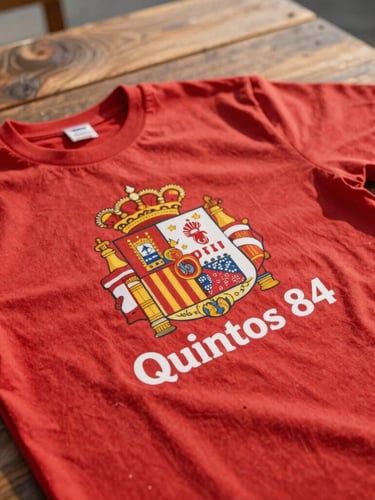Close up of a screen-printed red cotton festival t-shirt with a custom graphic of a traditional Spanish town crest and 'Quintos 84' text, lying on a rustic wooden table, outdoor daylight