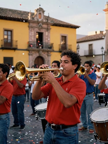 A lively street band with brass instruments, trumpets and drums, playing in a crowded historic Spanish town square, confetti in the air, rich saturated colors.