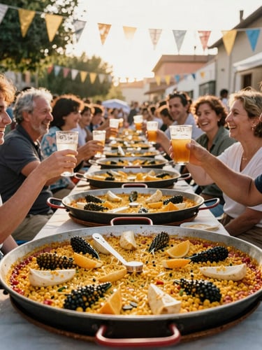 A long community table filled with large pans of paella, people laughing and raising glasses under outdoor festival flags, warm sunlight, 35mm film look.