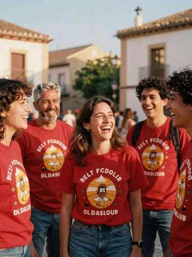 A vibrant group of Spanish friends in their late 30s laughing together in a sunny town square, wearing matching red festival t-shirts, warm golden hour light, 35mm film style