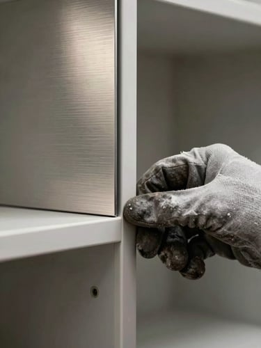 Extreme close-up portrait-format shot of a hand in a work glove positioning an inoxidable panel into a cabinet frame during installation — natural task lighting from the left reveals the brushed surface texture, the panel edge, and the gap tolerance between panel and frame; tight framing, industrial precision focus