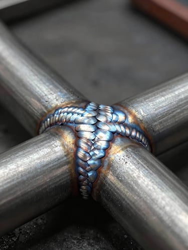 Extreme close-up of a freshly welded stainless steel joint, shot from a low angle against a dark charcoal workshop background. North-facing task lighting rakes across the weld bead, revealing the precise seam geometry and brushed surface finish on either side. No hands, no people — the weld itself is the entire subject.
