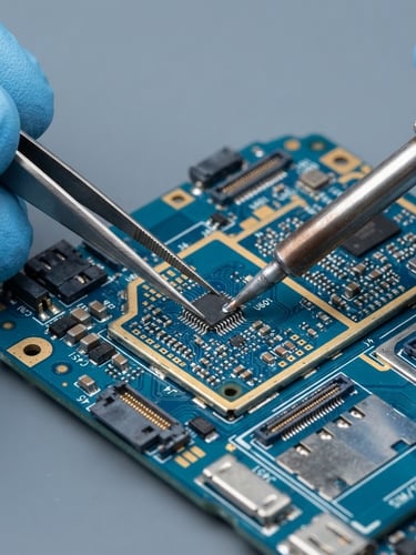 Extreme close-up macro shot of professional hands using fine tweezers under a microscope to solder a tiny chip onto a blue smartphone motherboard, bright high-key studio light, clean slate gray background.