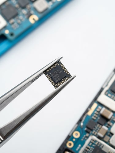 Overhead macro shot of precise phone repair tools, clean metallic tweezers holding a microchip, crisp studio light, bright high-key background