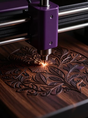 Moody studio photography of a laser engraver etching intricate botanical patterns onto dark walnut wood, dramatic low-key side-lighting, sparks catching the light, rich plum tones, macro lens, shallow depth of field