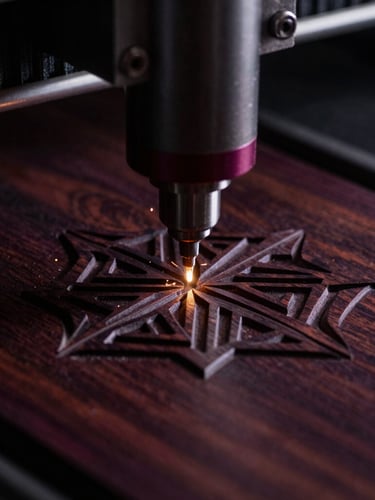 Macro shot of a high-precision laser cutting intricate geometric patterns into dark cherry hardwood, tiny sparks catching the light, moody low-key studio lighting, shallow depth of field.