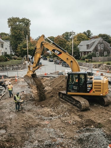 Wide shot of a clean, well-maintained excavator on an active but organized New England job site under overcast daylight, with a residential property in the background, desaturated industrial tones, sharp focus.