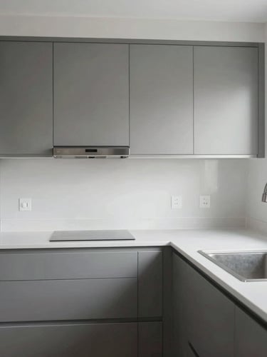 Crisp portrait shot of a clean, modern residential kitchen interior under bright natural light, showing stainless steel appliances and tidy countertops, no people, sharp focus, desaturated industrial tones.
