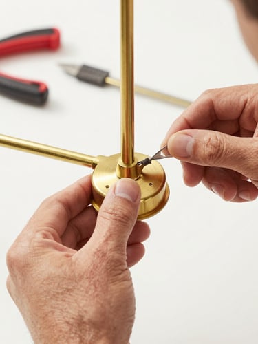 Tight macro shot of a handyman's hands precisely wiring a modern brass light fixture, bright natural daylight, clean tools visible in the background.