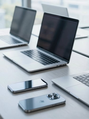 Clean array of modern corporate laptops and smartphones arranged neatly on a sleek slate desk, bright natural office lighting, cool blue tones, professional depth of field