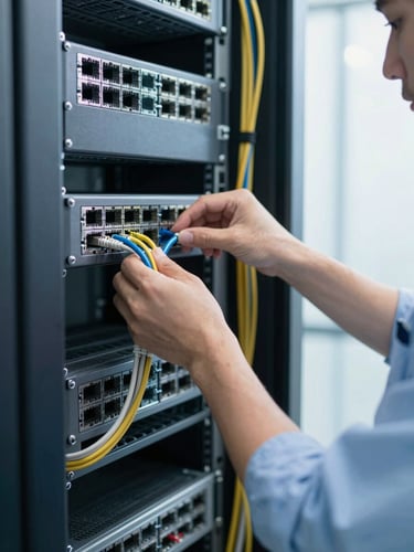 Close-up of a certified IT technician in a clean corporate server room, organizing network cables, bright natural office lighting, cool slate tones