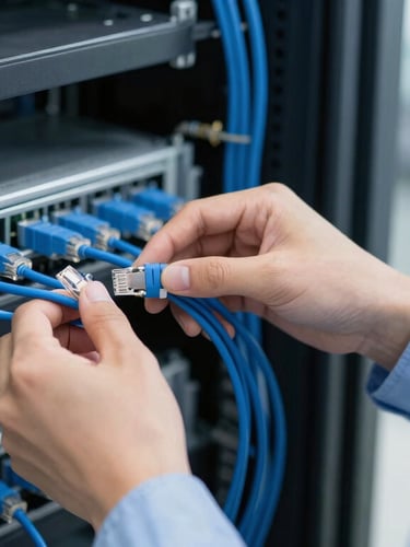 Close-up of a professional technician in a clean uniform organizing blue ethernet cables in a server rack, sharp focus, professional depth of field