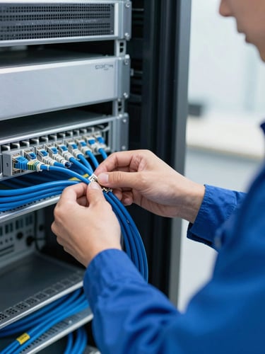 Close-up of a professional technician in a blue uniform meticulously organizing and tying a bundle of blue Cat6 network cables inside a clean server rack, bright office environment