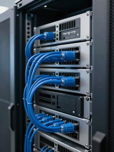 Close-up of a clean corporate server rack with organized blue cables, bright professional office lighting, sharp focus, professional depth of field