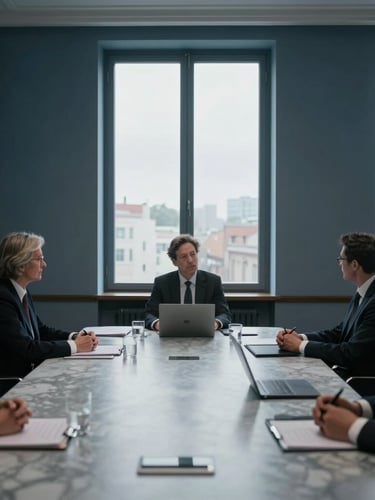 An executive meeting captured from a respectful distance inside a quiet European boardroom, low-contrast diffused overcast daylight, marble tables, muted tones