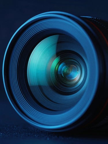 Macro close-up of a high-end camera lens reflecting vibrant neon cyan and deep blue studio lights, dark atmospheric background, shallow depth of field, 35mm