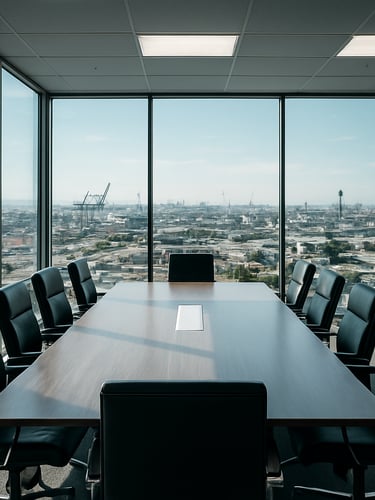 Modern corporate boardroom in Central America, glass walls overlooking a clean industrial port city, sharp daylight, professional atmosphere