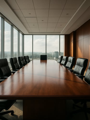 Vista en ángulo contrapicado de una sala de juntas corporativa de alta dirección en Centroamérica, luz natural intensa filtrándose por ventanales de piso a techo, mesa de madera noble pulida, ambiente de toma de decisiones estratégicas de alto nivel.