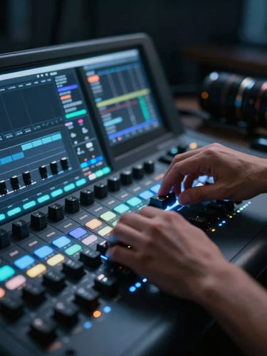 Hands of a video editor adjusting a color-grading console, ambient screen glow reflecting cool blue light, moody cinematic studio setting, 35mm lens