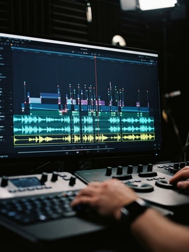 Close-up of a professional video editing timeline with neon-accented audio waves and video tracks glowing in a dark studio, 35mm lens