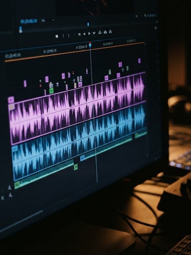 Macro close-up of a video editing timeline on a high-end monitor, glowing purple and blue audio tracks, low-key dark studio workspace, 35mm lens