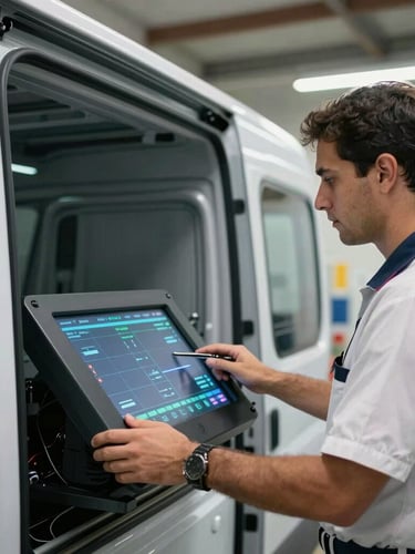 Foco fechado em um técnico uniformizado operando painel digital de vídeo inspeção dentro de uma van de serviço moderna