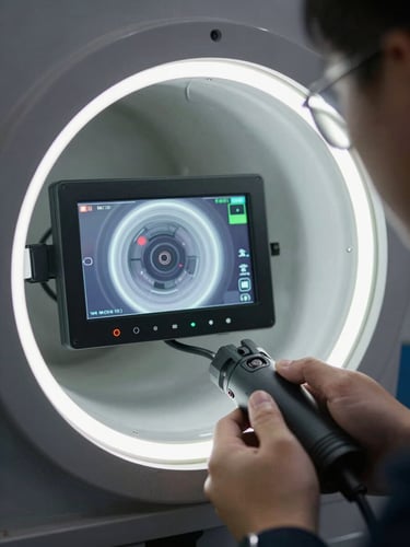 Close-up of a high-tech video inspection screen showing the interior of a clean PVC pipe, bright LED lighting, professional technician hands holding the cable