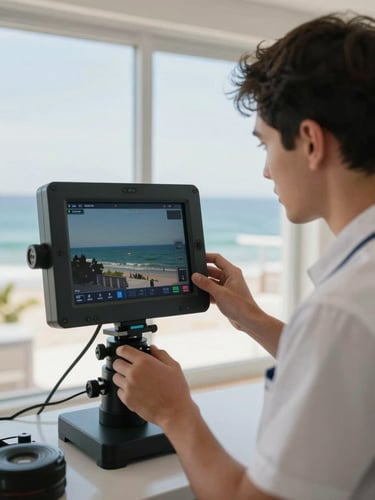 Close-up of a professional technician in a clean uniform operating a high-tech video inspection screen inside a coastal residence, bright daylight.
