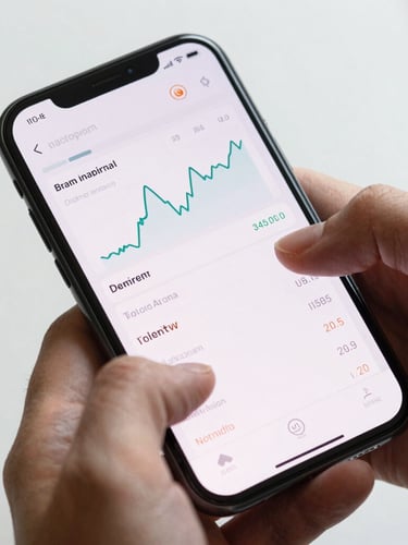 Extreme close-up of a modern Android flagship phone displaying a clean, high-fidelity financial dashboard interface, held by hands under bright studio lighting, white background.