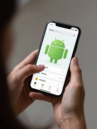 Close-up over-the-shoulder shot of hands interacting with a beautifully designed Android application on a flagship phone, crisp studio lighting, focus on clean UI details.