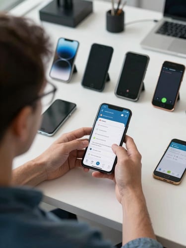 Over-the-shoulder shot of an engineer testing a mobile application across a rack of diverse physical Android devices, clean workspace, natural daylight.