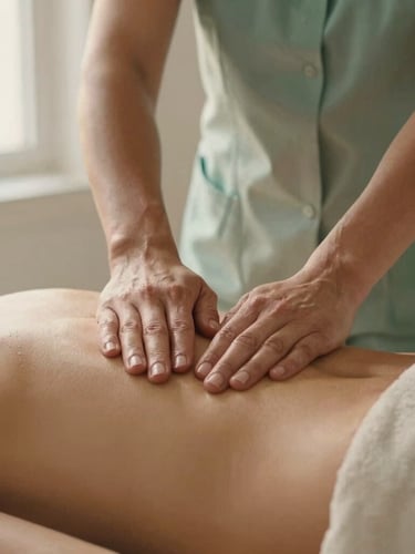 Close-up of therapist Sandra Milena Gómez Bolaños's hands performing a gentle massage on a client's back, soft golden light, natural sage green and cream tones, shallow depth of field, professional and respectful.