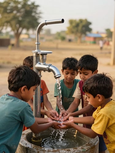 A clean, newly installed water handpump in a rural Sindh village, children washing hands with bright, clean water, natural golden hour sunlight, 35mm