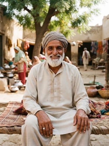 A dignified Pakistani elder smiling warmly in a sunlit village courtyard in Punjab, authentic environmental portrait, bright natural sunlight, 35mm