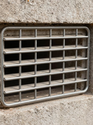Macro shot of heavy-gauge stainless steel mesh custom-fitted into a historic crawlspace vent, daylight showing clean masonry integration