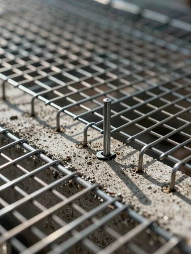 Macro detail of high-grade steel mesh being anchored into concrete foundation, high-contrast dramatic side lighting, sharp focus