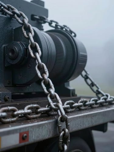 Tight macro shot of steel chains securing heavy machinery on a flatbed trailer, early morning mist, cold industrial tones.