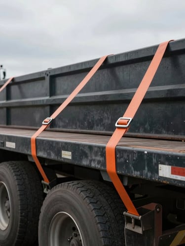 Close-up of industrial shipping yard, heavy flatbed trailer being secured with tensioned orange straps under overcast daylight