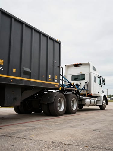 Low-angle wide shot of a heavy freight rig parked at an overcast Midwestern loading dock, tensioned flatbed straps visible, industrial grit.